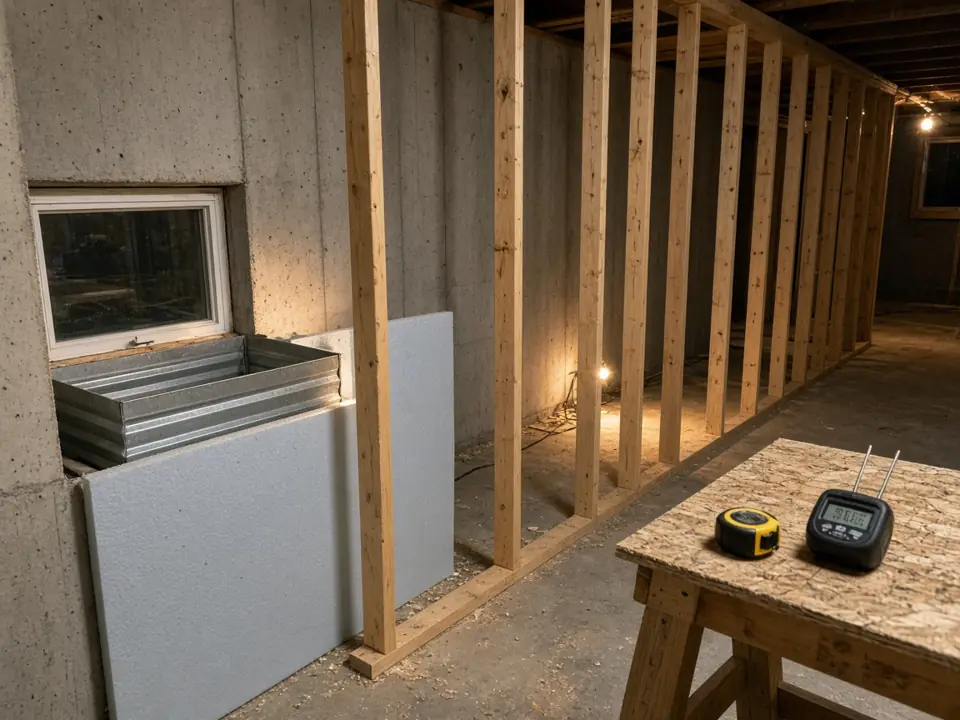 Illustration, not a photo of our work: an unfinished basement at the framing stage with stud walls, foam board on the foundation wall, and a window well