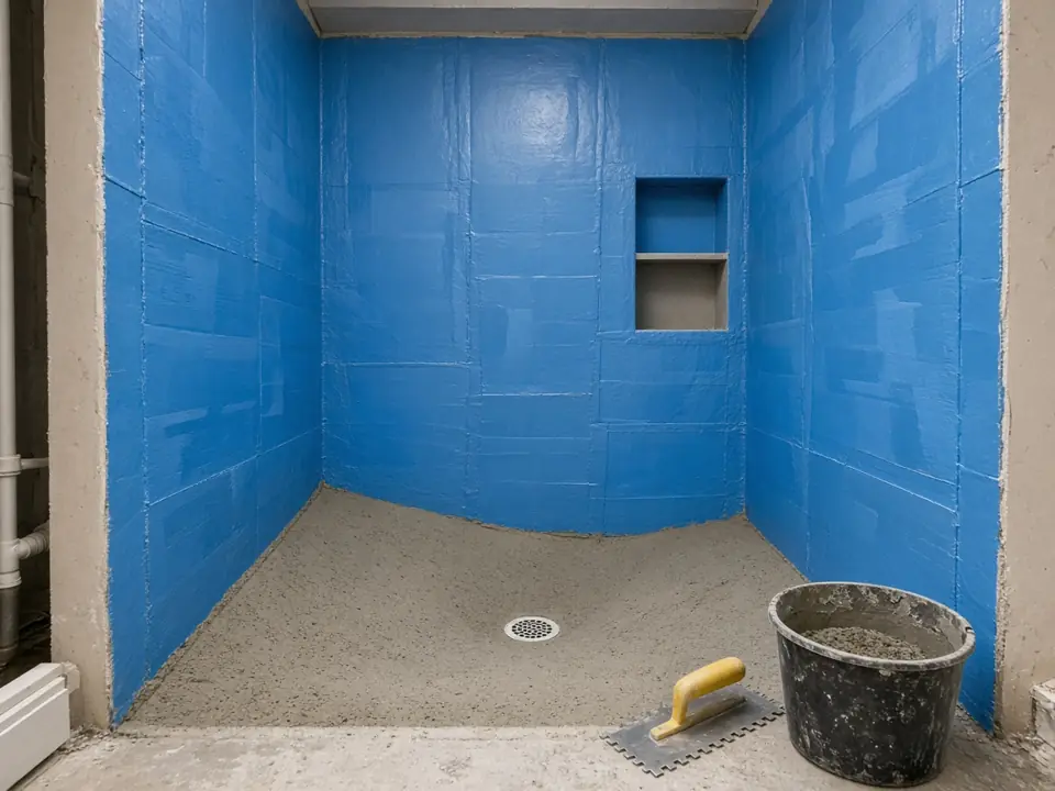 Illustration, not a photo of our work: a shower under construction with waterproofing membrane on the walls, a niche, and a sloped shower floor around the drain