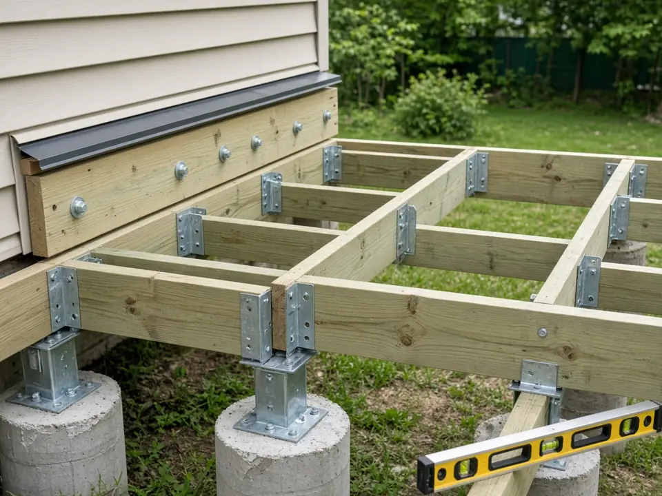 Illustration, not a photo of our work: a new deck frame with a flashed ledger board, metal joist hangers, and concrete footings