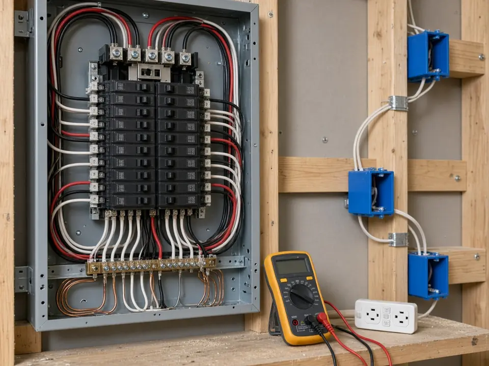 Illustration, not a photo of our work: an open electrical panel with breakers, a multimeter, and new electrical boxes on an open stud wall