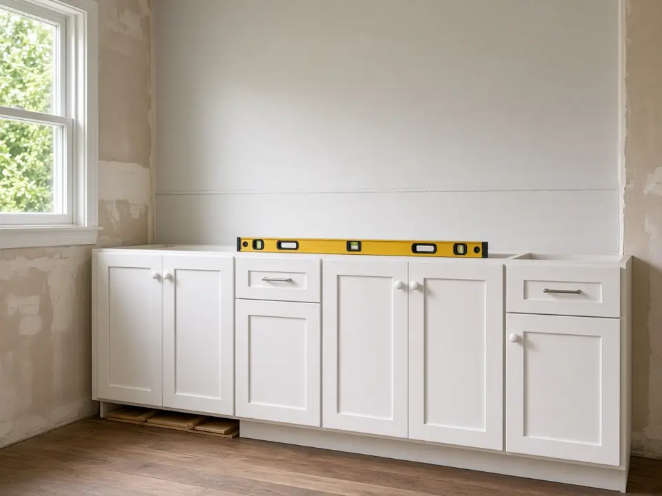 Illustration, not a photo of our work: new white base cabinets being installed and leveled, with shims and a level on top
