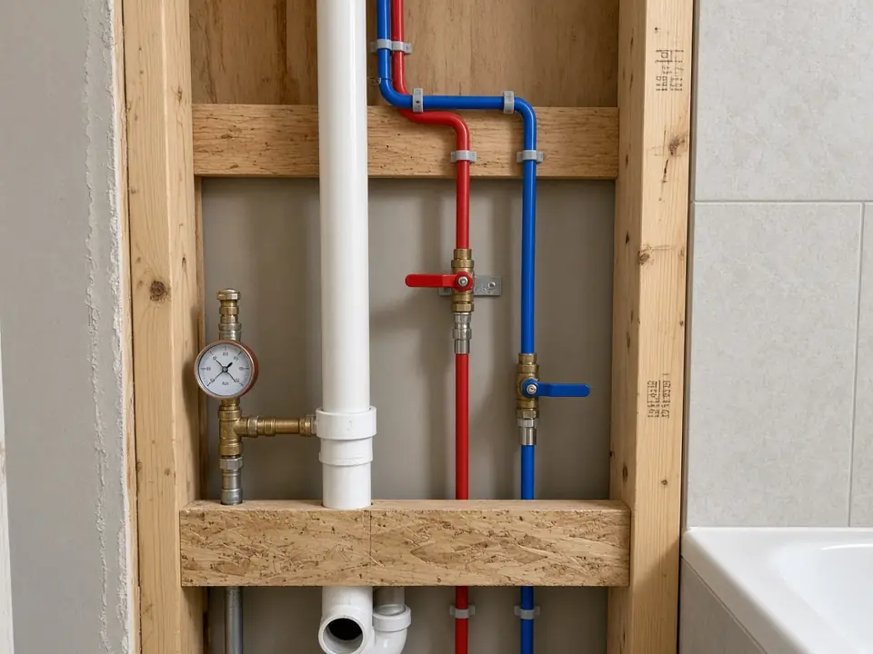 Illustration, not a photo of our work: plumbing rough-in inside an open wall with supply lines, shutoff valves, a drain and vent pipe, and a test gauge