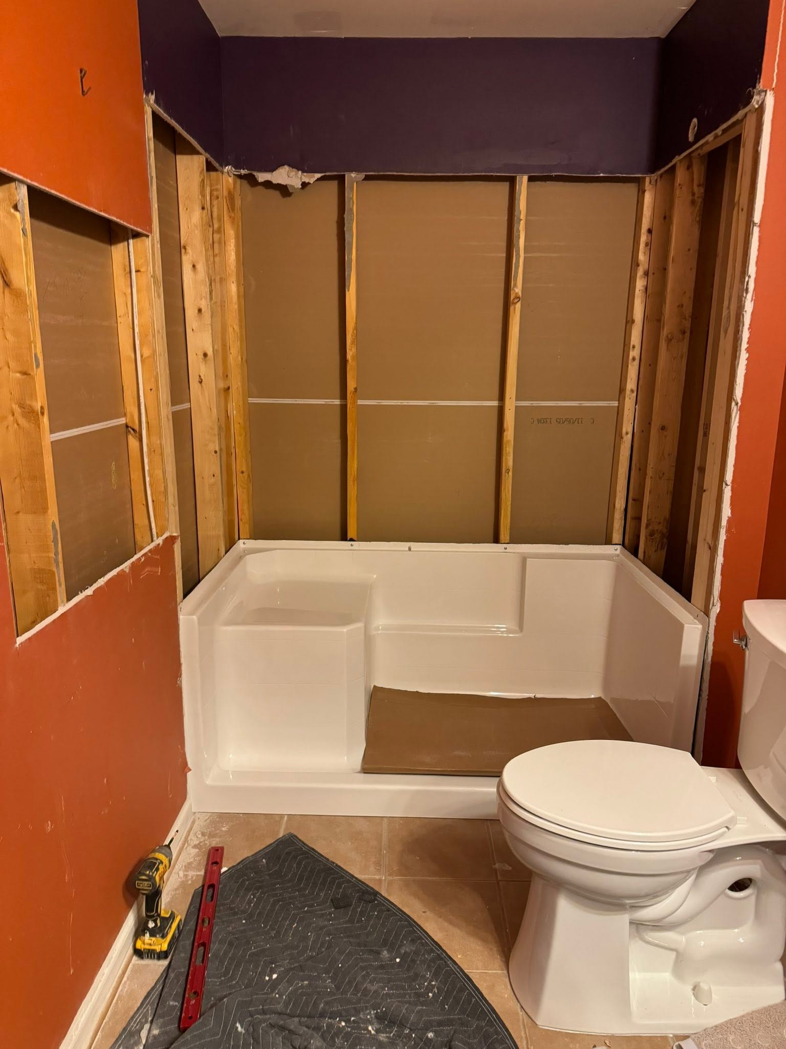 Before: bathroom opened to the studs around the shower base