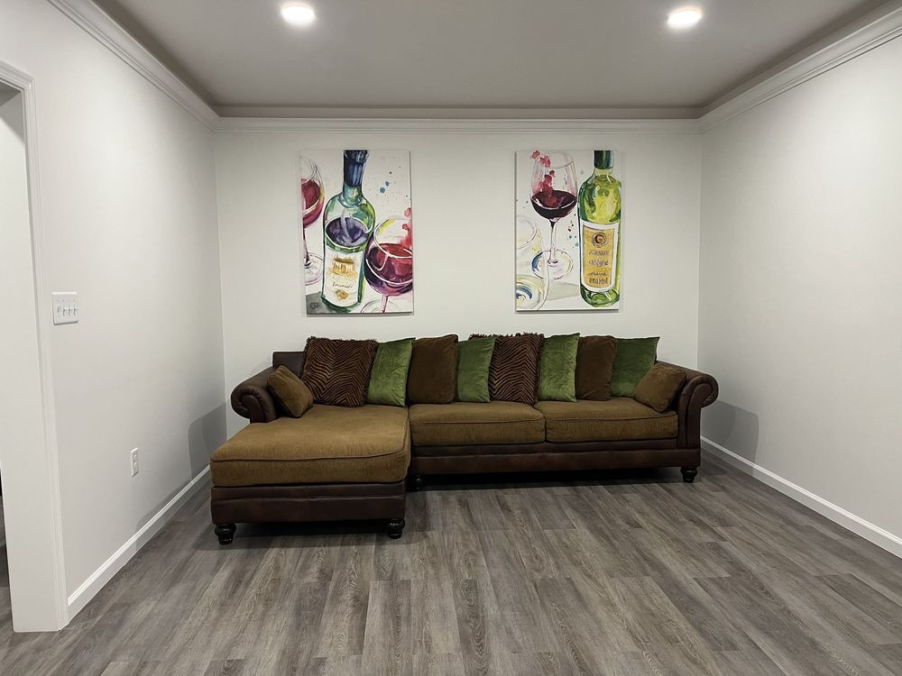 Finished room · plank floor and recessed lights